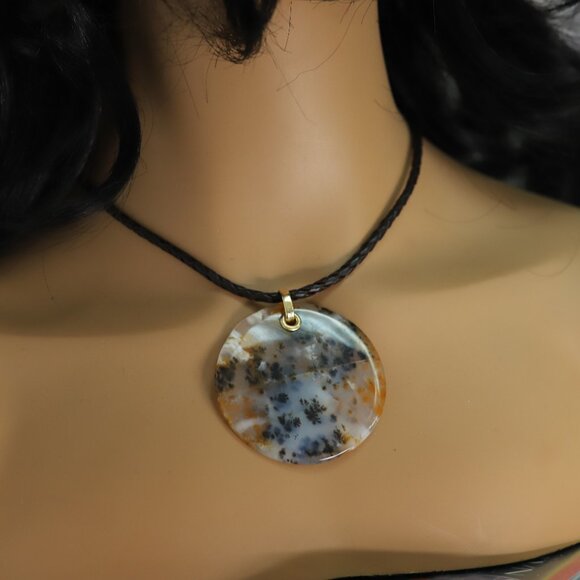Dendritic Moss Agate stone Necklace Natural Stone Pendant 14K Yellow Gold & Leat - Picture 11 of 13